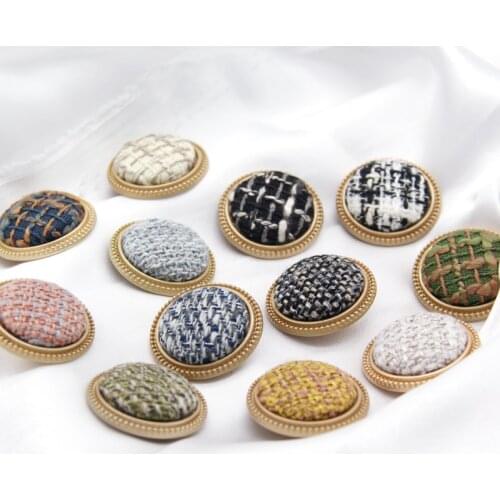 25mm Tweed Plaid Fabric Covered Metal Gold Buttons Mix Color Women Coat Vintage Decorations High Quality Accessories Wholesale