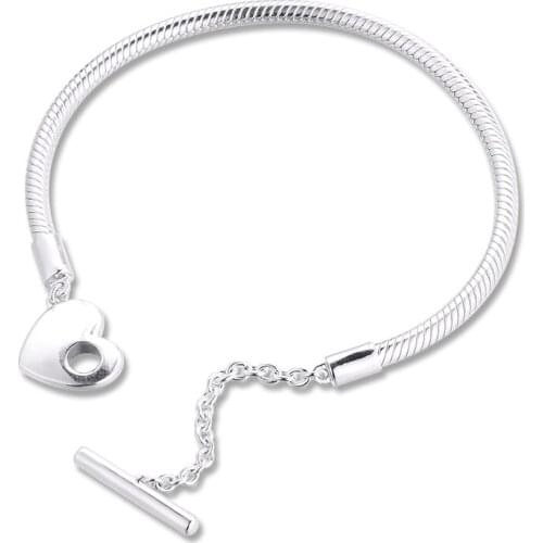 Moments Heart T-Bar Snake Chain Bracelet Fits Original Silver Charms & Beads Woman DIY Fashion Jewelry Making