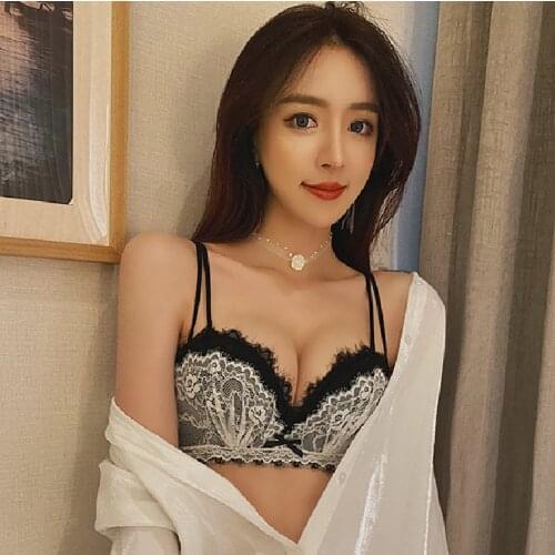 Sexy Patchwork Lace Small Breast Push Up Bras Women Comfy Underwear Charming Heighten Flanks Seamless Wire Free Gather Brassiere