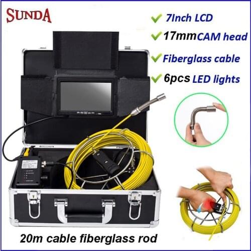 Factory sale pipe inspection camera with 20meter cable fiberglass rod power DC12V 7"tft lcd monitor Pipe CAMERA 17mm cam head