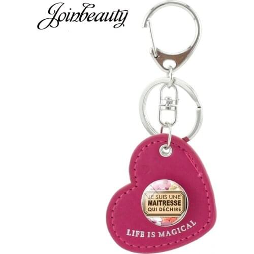 JOINBEAUTY French Je Suis Une Maitresse Picture Snap Buttons Keyrings Pink Heart Shape PU Leather Bag Accessories Keychain JE01