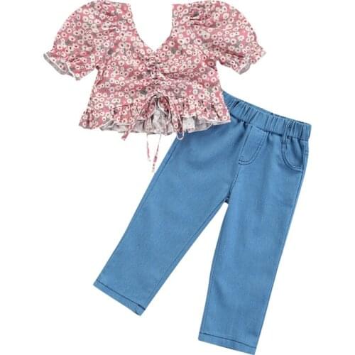2Pcs Fashion Summer Kids Two- piece Clothes Set Floral V-Neck Puff Sleeve Top + Denim Long Pants Toddler Girls Outfit
