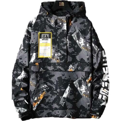 PERHAPS U Black Yellow Hooded Camouflage Pocket Applique Pocket Couples Anoraks Loose Hoodies Loose Pullover Jacket H0107