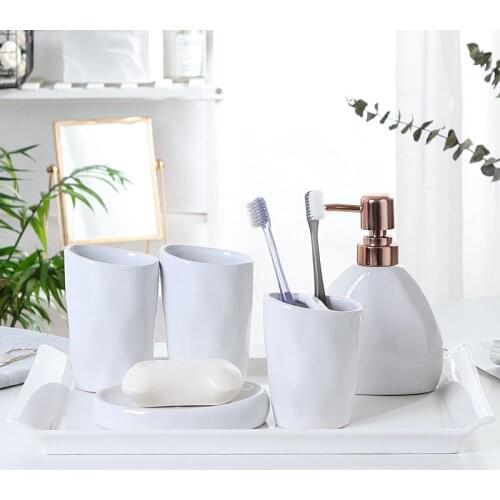 Ceramic Wash Accessories Set Bathroom Set Of Five With Ceramic Tray / Soap Dispense / Wooden Tray / Melamine Tray / Toothbrush H