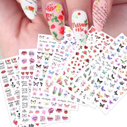 Rose Flowers Butterfly Nail Spring Stickers Red Nail Art Decals Decorations Tips Water Nail Decals Ins Style Ozdoby Do Paznokci