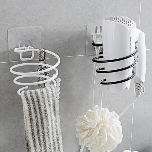 Adhesive Wall Mounted Metal Hair Dryer Holder Spiral Hairdryer Hanging Rack Blower Organizer Shelf For Bathroom Barber