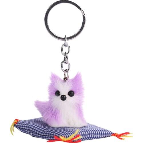 New Design Soft Cute Faux Dog Plaid Cushion Keychain Pendant Pompoms Handbag Key Ring Chain Valentines Day Gift for Lover