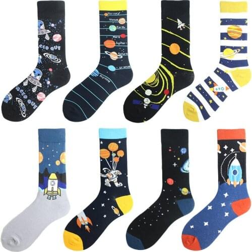 Peonfly Cotton Combed Mens Harajuku Colorful Happy Funny Astronaut Long Warm Dress Socks for Male Wedding Christmas Gift