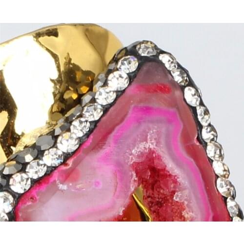 Pink Natural Raw Geode Crystal Semi Precious Stone Tangent Charms Big Gold Color Adjustable Open Ring Unisex Woman Men