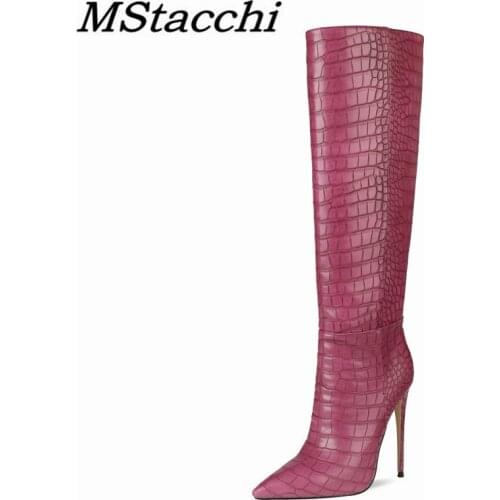 Mstacchi Custom Colors Pointed Women High Heel Boots Solid Color Crocodile Pattern Fine Heel Rubber Sole Madam Shoes Botas Mujer