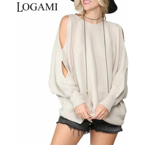 LOGAMI Sleeve Hollow Out Knitted Sweater Bat Sleeve Sweater for Women Loose Pullovers Jumper