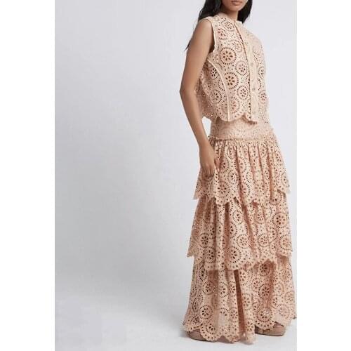 HIGH QUALITY Newest 2021 Summer Fashion Sleeveless Hollow Single-Breasted Top + High Waist Long Stitching Skirt