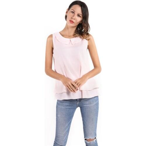 Women Sleeveless Blouse 2020 Fashion Summer Chiffon Doll Collar Double Chiffon Loose Ladies Tops Blouse Female Clothing