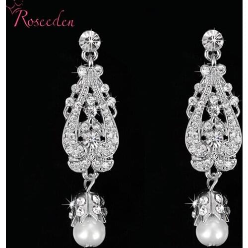 New Fashion Crystal Women Ladys Long Earring Simulation Pearl Rhinestone bridal wedding Earrings Jewelry RE454