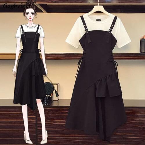 Women Sets Large Size M-4XL Fashion Streetwear Short Sleeve T-shirt Asymmetrical High Waist Lace-up Dresses Ulzzang Chic Female
