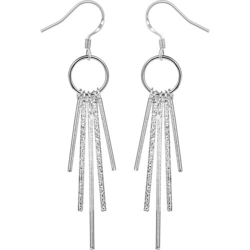 925 Sterling Silver color5.7Cm Long Tassel Chain Drop Sticker Bar Dangle Drop Earrings For Women Fashion Jewelry Wedding Gift