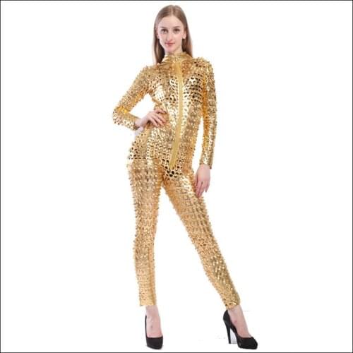 2020 Hot Sexy Pole Dance Clothes Lingerie Latex Pvc Dress Jumpsuit Zentai Costume Women Gold Catsuit Lady Nightclub Bodysuit