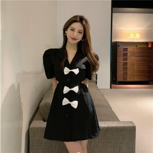 Summer Fashion Black Slim Bow Suit Dress A-line Korean Midi Dress Sukienki Na Wesele Damskie Vestidos Verano 2021 Mujer