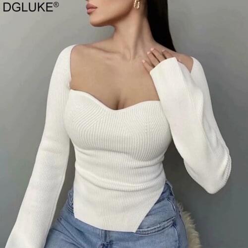 White Knitted Sweater Women Sexy Long Sleeve Top Side Split Square Collar Jumper Pullover Knitwear Black
