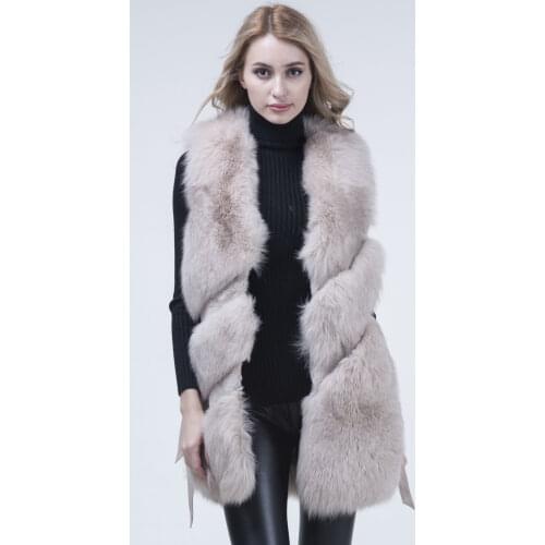 JANEFUR Women Fox Fur Vest With Belt Mid-Length Winter Coat Sleeveless