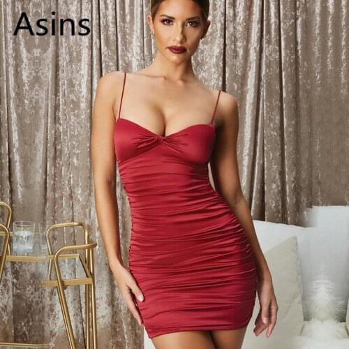 Asins summer dress 2019 new women casual fashion sling strapless stretch open back high waist V-neck satin pleated slim dresses