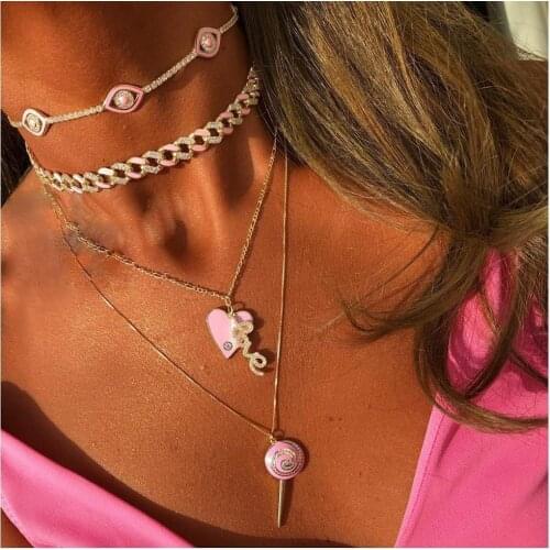 2021 High quality iced out bing 5A Cubic zirconia Neon rainbow enamel choker necklace women charm cuban link chain party jewelry