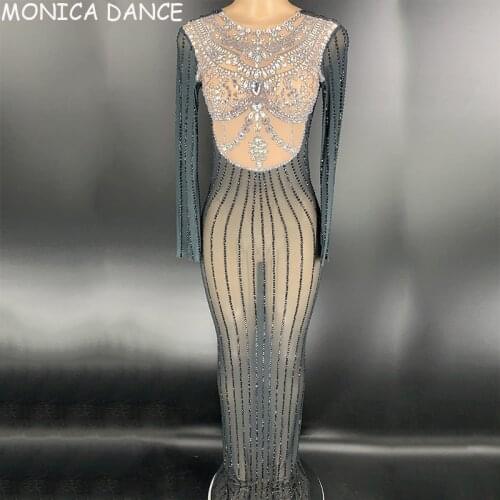 Women Sexy Stage Silver Black Rhinestones Transparent Dress Women Dancer Prom Party Show Dress Bar Birthday Outfit Dress