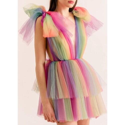 2020 Colorful Tulle Dresses Women Short Dress Sexy Deep V Neck Sleeveless Bow Party Prom Girl Cute Dresses