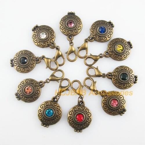 10 New Flower 14x18.5mm Charms Mixed Round Crystal Antiqued Bronze Tone Retro With Lobster Claw Clasps
