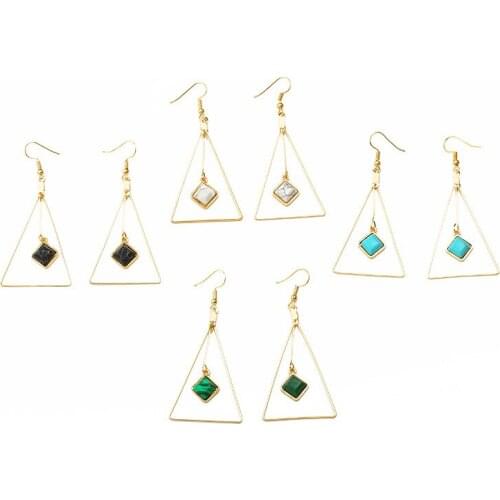 12 Pairs/Lot Long Drop Earrings Jewelry For Women Square Stone Tassel Hollow Geometric Triangle Gold Color Dangle Earring