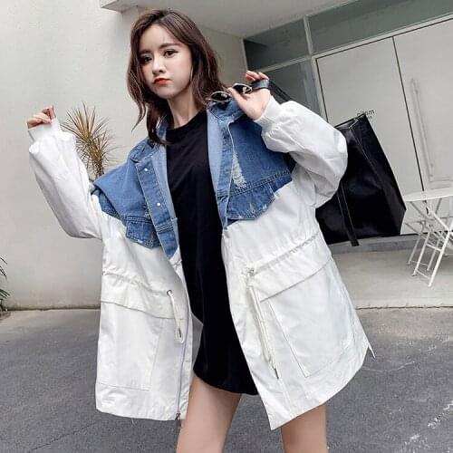 2019 female new autumn plus size stitching fake two-piece outerwear stand collar with letter wild long syle loose denim trench