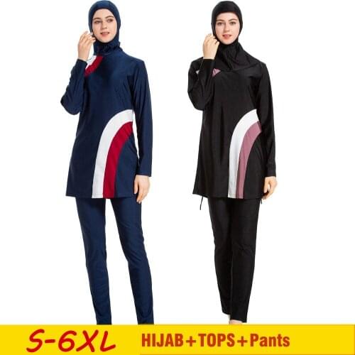 2021 Modest Muslim Swimwear All Black Burkinis Islam Swimsuit Bikini Full Coverage Hijab Beachwear Swimwear Plus Size 3PCS