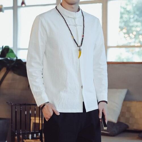 Chinese Style White Elegant Dress Cotton Linen Vintage Blouse Cotton Hemp Long Sleeve Shirt For Young Men Mandarin Collar Buckle