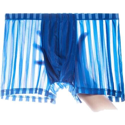Summer Man Sexy Ice Silk Breathable Hollow Transparent Thin Underwear Quick Dry High Elasticity Stripe Middle Waist Boxers