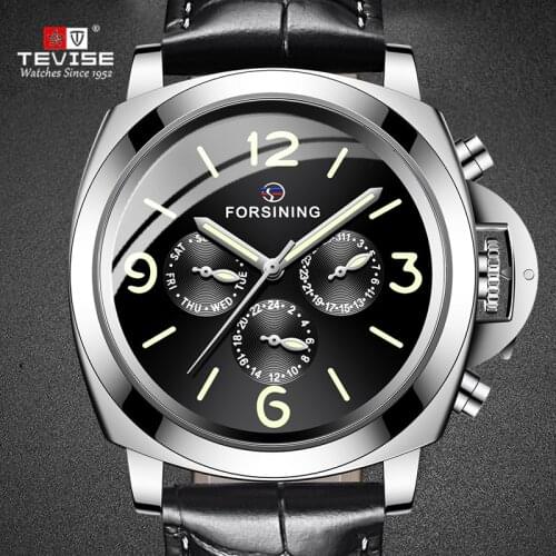 FORSINING Male Watch Black Watches Automatic Male Watches Black Silve Mens Clock Leather Strap Style successful Men Wristwatch