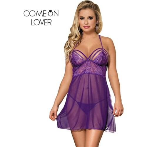 Comeonlover Lace Baby Doll Lingerie Purple Transparent Lenceria Mujer Dress+ G String Women Sexy Dress Erotic Underwear RE80300