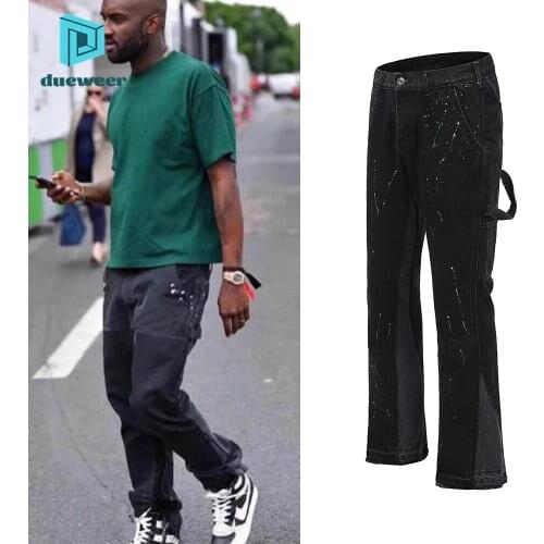 DUEWEER Men Wide Leg Jeans Urban Streetwear Flare Denim Pants Patchwork Trousers Black Hip Hop Splashed Ink Jeans