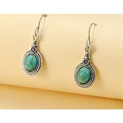 Ethnic Flower Round Turquoises Earrings Vintage Drop Dangle Bohemia Stone Earrings For Women Wedding Simple Jewelry