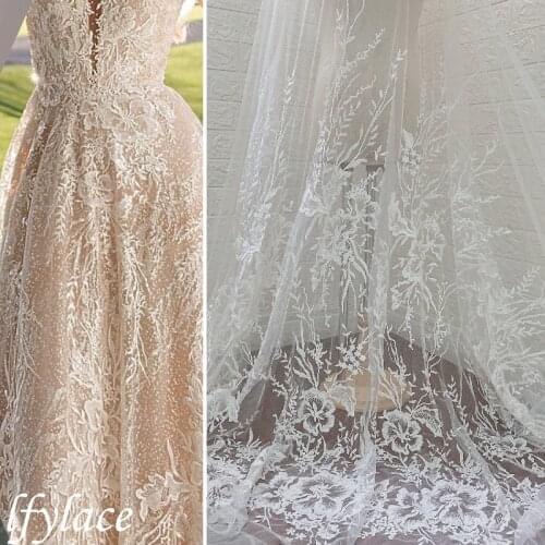 LFY 2021 New Style Off White Floral French Embroidery Lace Fabric Wedding Bridal Gown Dress Sequins Tulle Mesh Lace Fabric