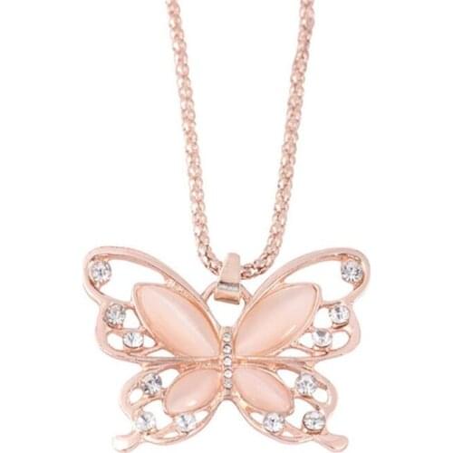 Fashion Butterfly Long Sweater Chain Necklace Elegant Female Crystal Pendant Necklace Party Jewelry Gifts