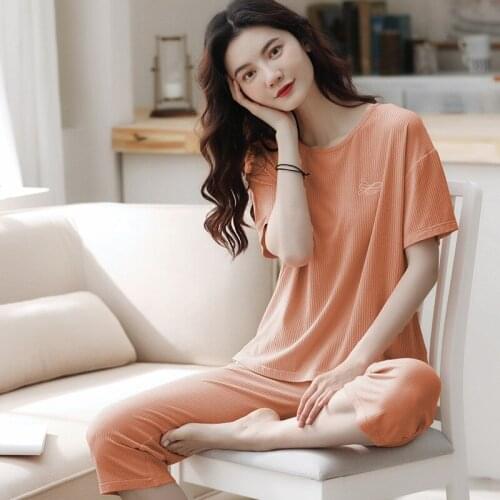 Soft Women 2PCS Modal Pajamas Sets Short Sleeve Stripe Lady Pyjamas Sleep Suit Sleepwear Nightwear Summer Lounge Home Wear M-3XL