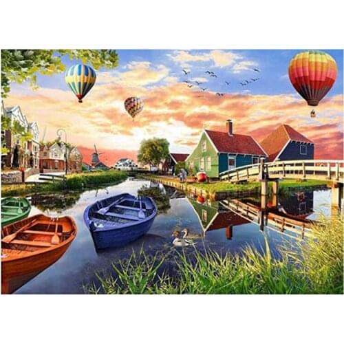 Practical Diamond Painting Set, Village Boat Balloon Full Diamond DIY ROUND DIAMOND Art Set, Diamond DIY Painting Set