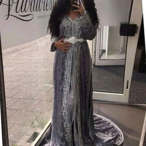 Newest Appliques Moroccan Kaftan Dubai Evening Dresses Long Sleeves Velour Muslim Saudi Arabic Prom Gown Special Occasion Dress