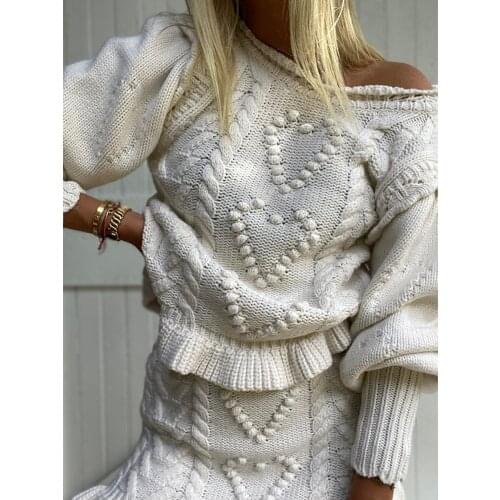 Jastie Fashion Women Sweet Ruffle Christmas Pullover Sweaters O-Neck Lantern Sleeve Casual Autumn Winter Tops