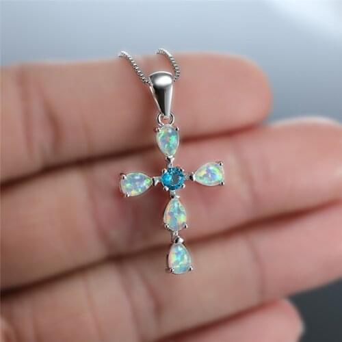 Luxury White Green Orange Opal Necklace Classic Cross Blue Zircon Pendant Necklace Dainty Silver Color Chain Necklaces For Women
