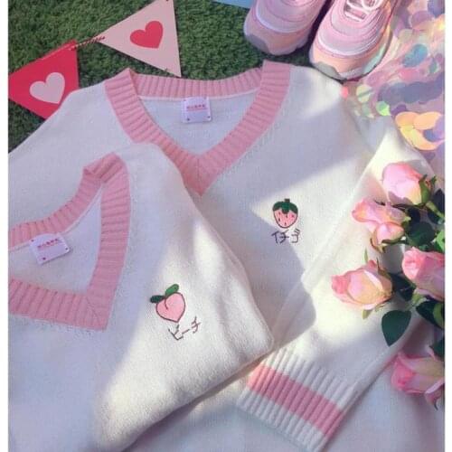 New Girls Students Korean Knitted Vest Pink Sweater Embroidery Pattern Sweater Vest High School Japanese-style Knitting Pullover
