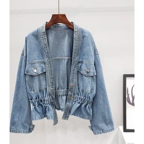 Autumn Vintage Blue Long Sleeve Denim Jacket Coat Women Student Outerwear Loose V-Neck Elastic Waist Short Jeans Jackets Female