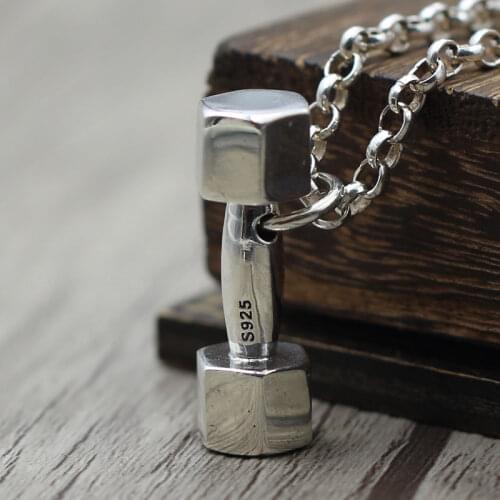 Fitness all-match S925 Sterling Silver Pendant Necklace dumbbell Retro Vintage Women trendsetter Silver Pendant