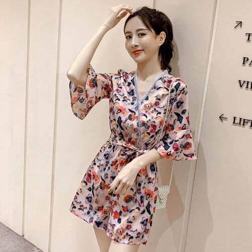 Women 2021 Summer Floral Chiffon Jumpsuit Female V Neck Flare Sleeve Office Rompers Lady Boho Print Wide Leg Short Rompers X49