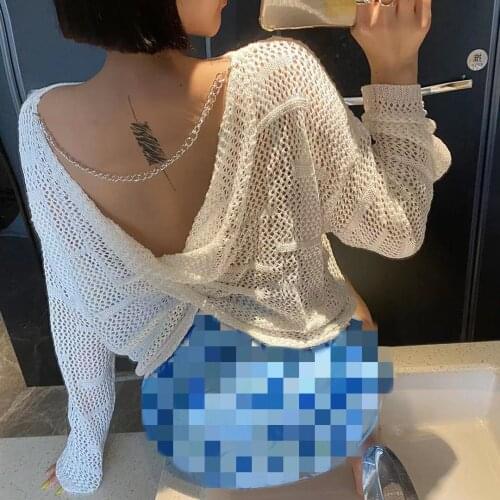 Women Summer Hollow Out Knitting Shirt Sexy Backless Chain Pullover Sweater Long Sleeve Knitwear Back Cross Loose Sunscreen Tops